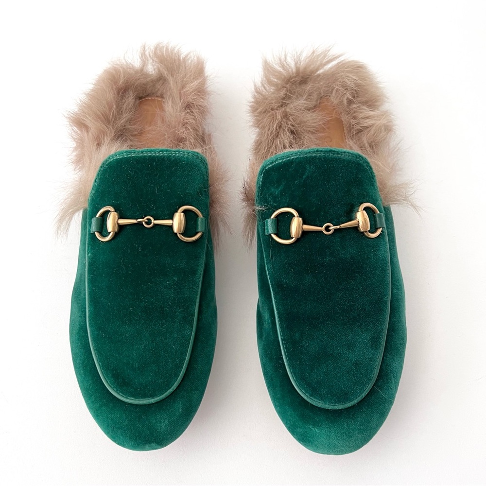 GUCCI | Princetown Fur Horsebit Green Emerald Velvet Velour Mule Slipper Flat - Picture 3 of 11